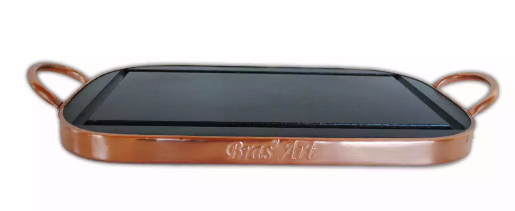 Chapa Para Grelhar 33X19 cm Em Pedra Sabão Com Alça De Cobre