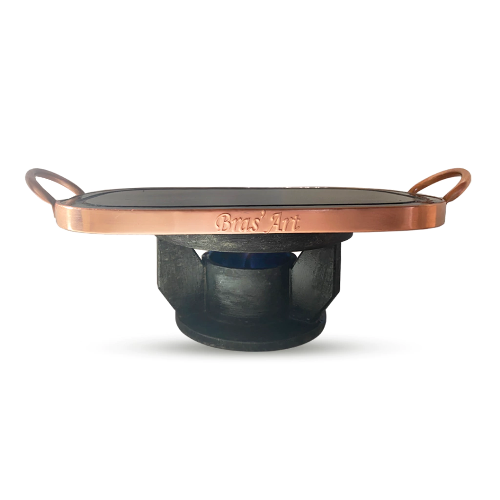 Fondue Retangular De Pedra Sabão 33x19 cm Com Alça e Contorno de cobre