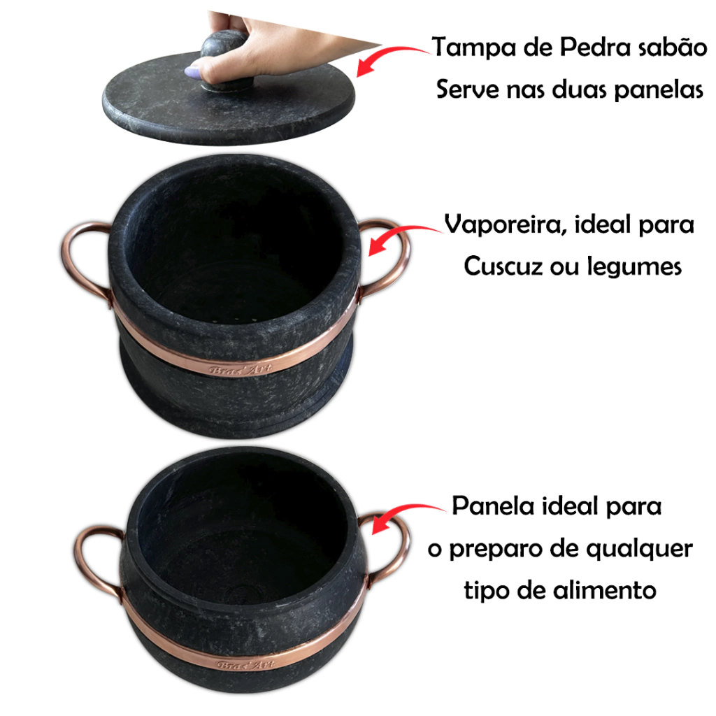 Cuscuzeira De Pedra Sabão 3 em 1 Vaporeira 1,5 L em Cada Parte