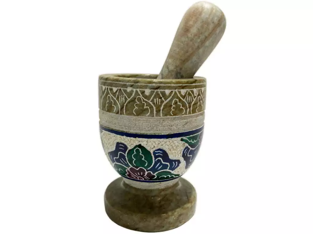 Pilão Decorativo 12 cm em Pedra Sabão com um bordado maravilhoso
