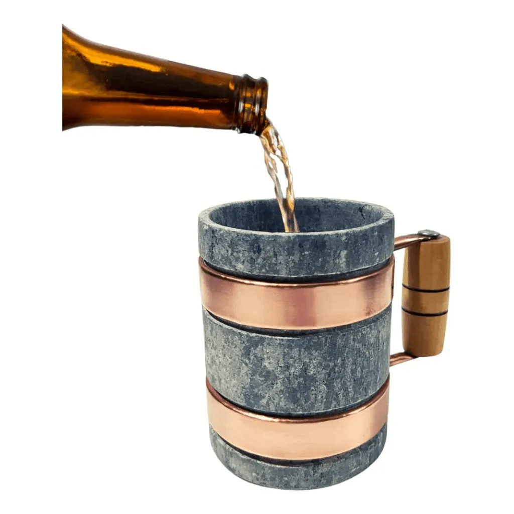 Kit 4 Caneca De Pedra Sabão Com Cobre E Madeira 350ml